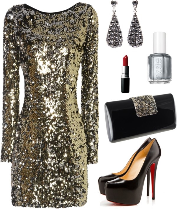Gold Sequined Evening Dress with Black Pumps