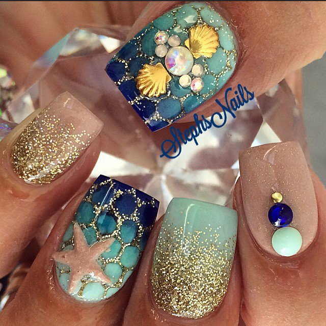 Gold and Blue Nail Art Design