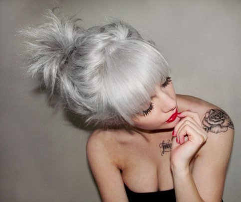 Messy Top Bun Hairstyle for Silver Grey Hair