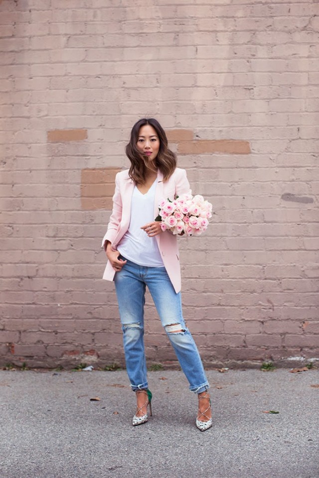Pink Blazer with Ripped Jeans
