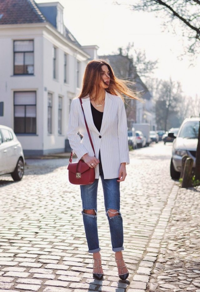 Striped Blazer with Ripped Jeans