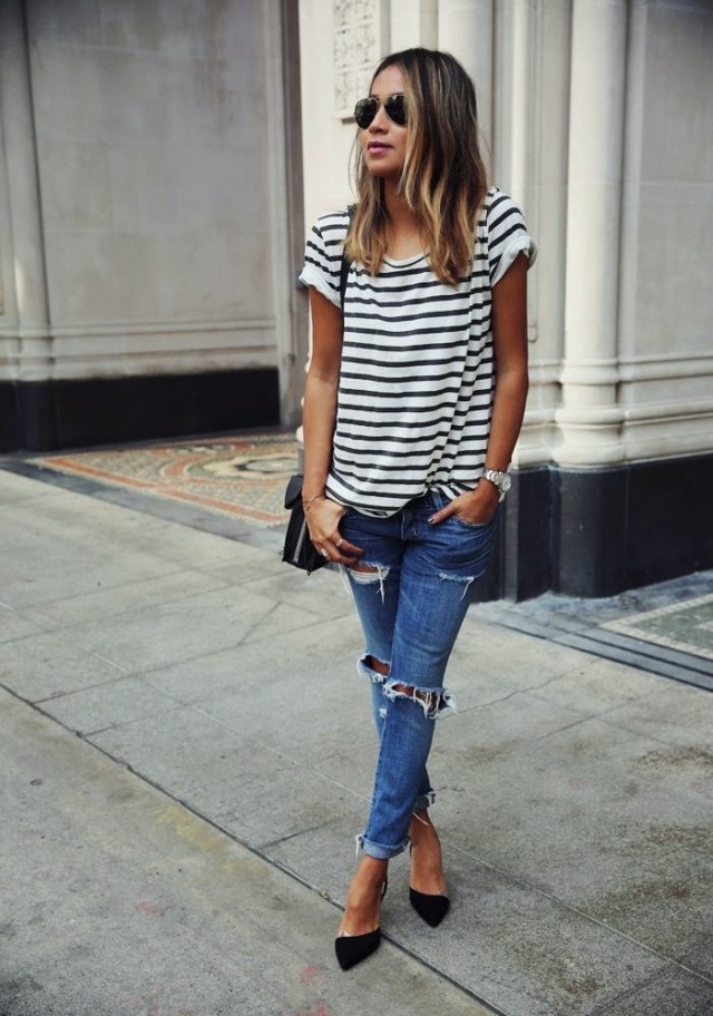 Striped T-Shirt with Ripped Jeans