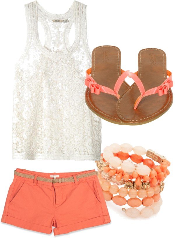White Lacey T-Shirt and Coral Shorts