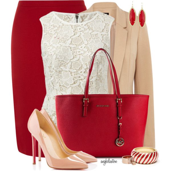 White Lacey Top with Red Pencil Skirt
