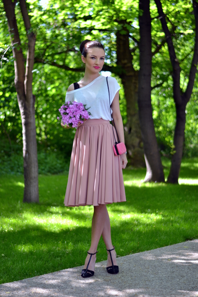 White Tee with Pink Skirt