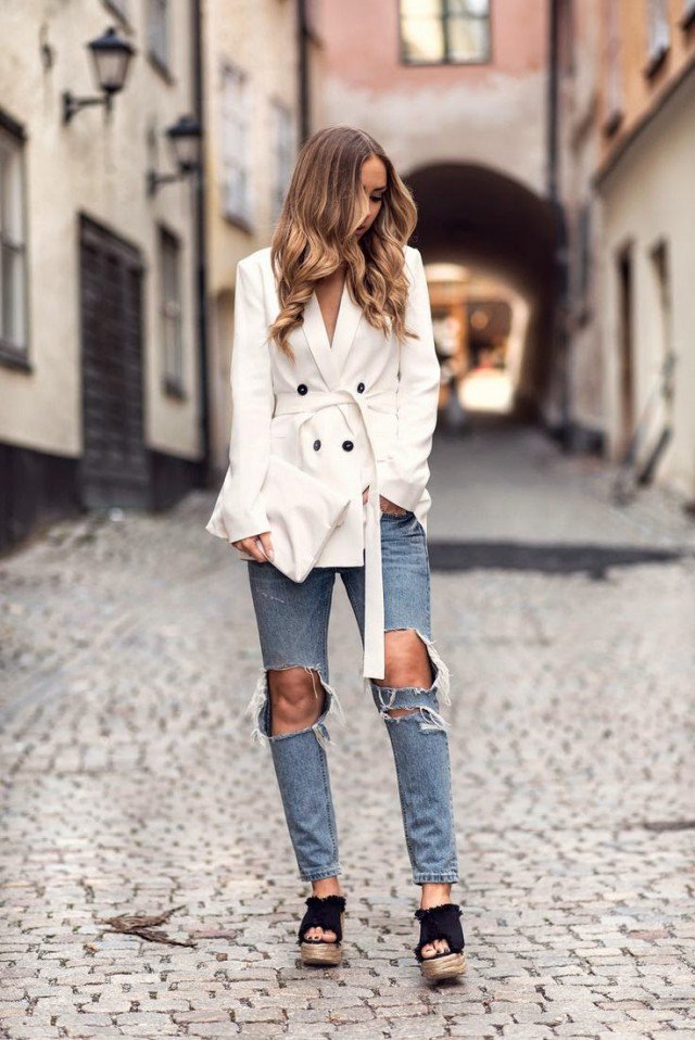 White Windcoat with Ripped Jeans