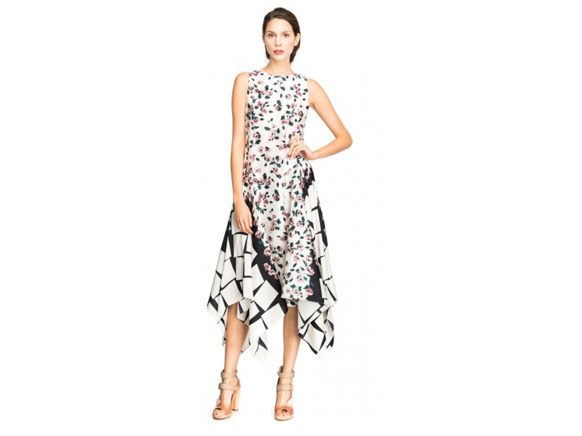 Suno Floral Cubes Asymmetrical Godet Shift Dress, $537
