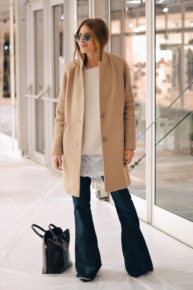 Beige Coat with Flared Jeans