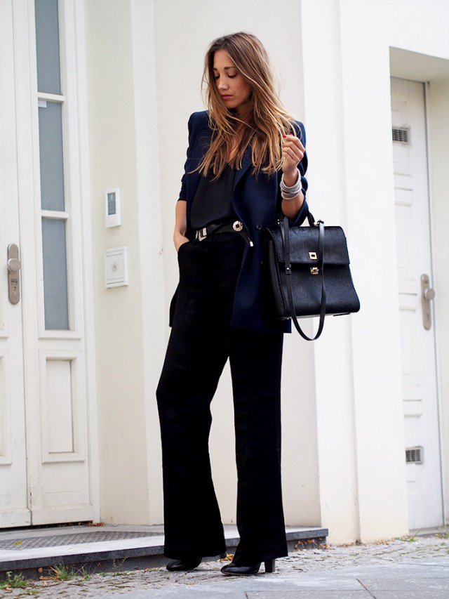 Black Cape Coat with Flared Jeans