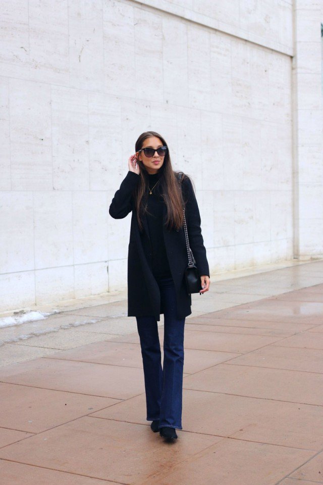 Black Coat with Flared Jeans