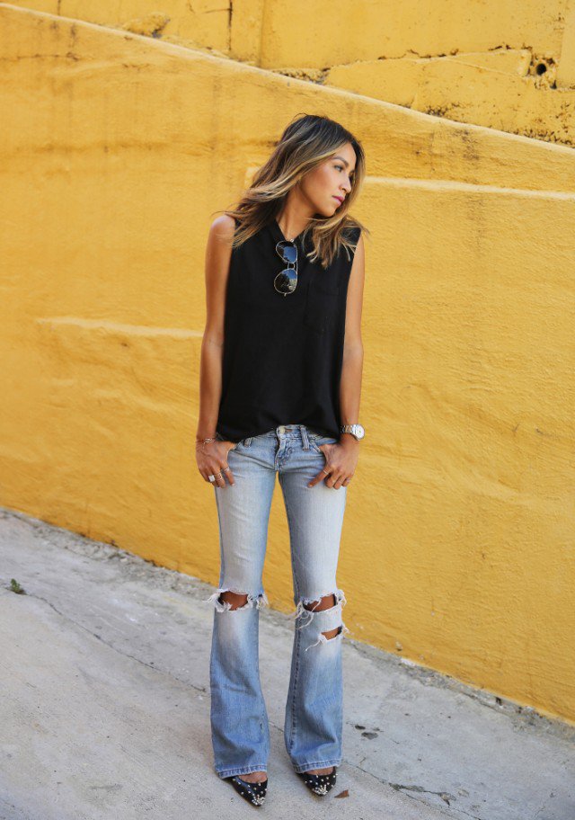 Black Top with Flared Jeans