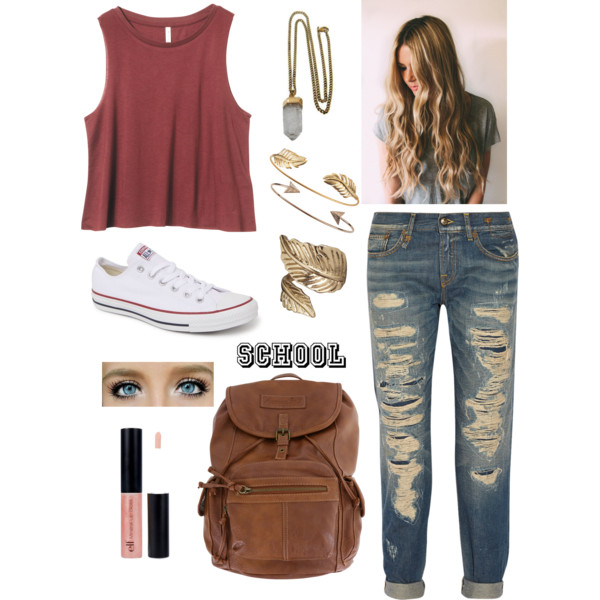 Burgundy T-Shirt with Ripped Jeans