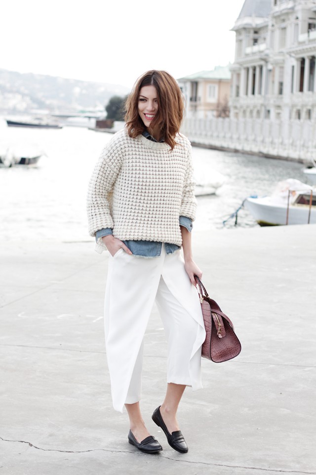 Cream Sweater with White Pants