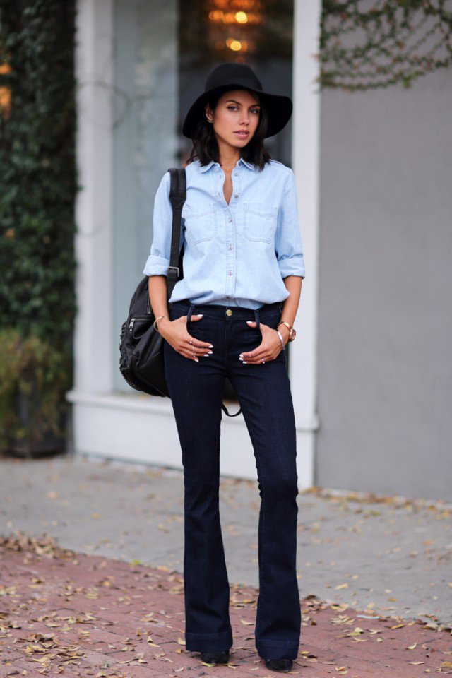 Denim Shirt with Flared Jeans