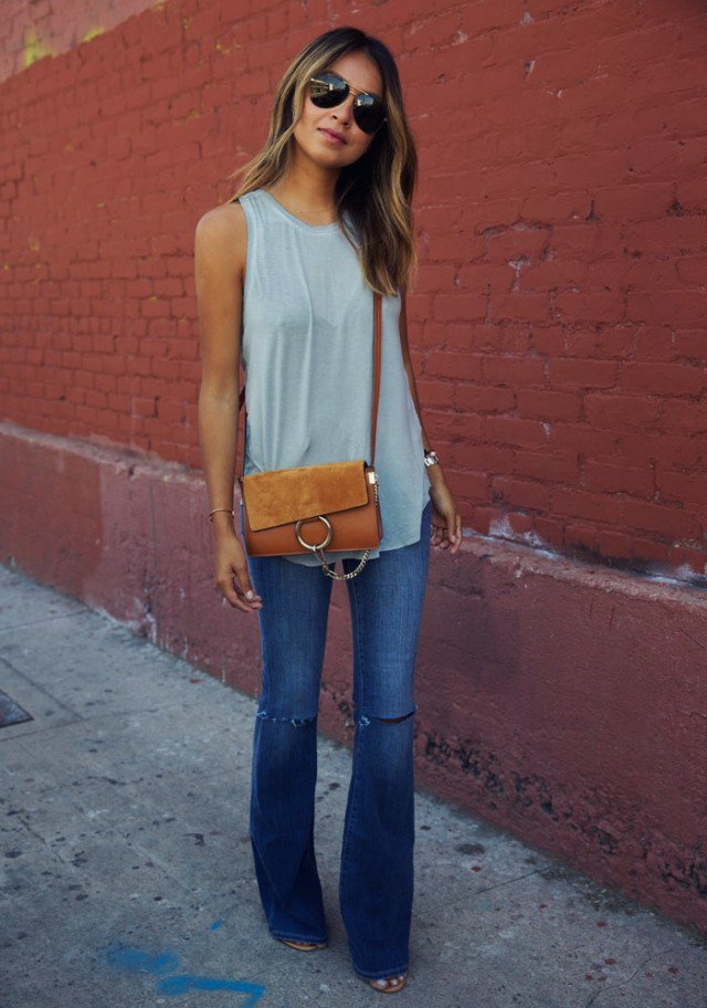 Grey Top with Flared Jeans
