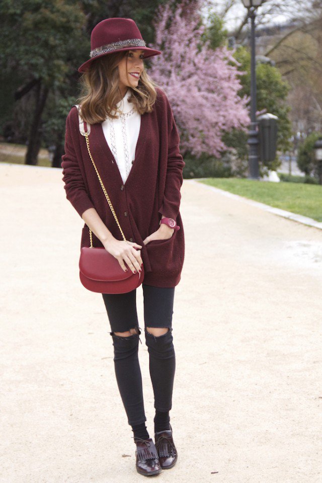 Maroon Cardigan with Ripped Jeans