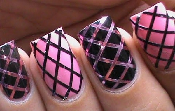 Pink and Black Fishnet Nail Design