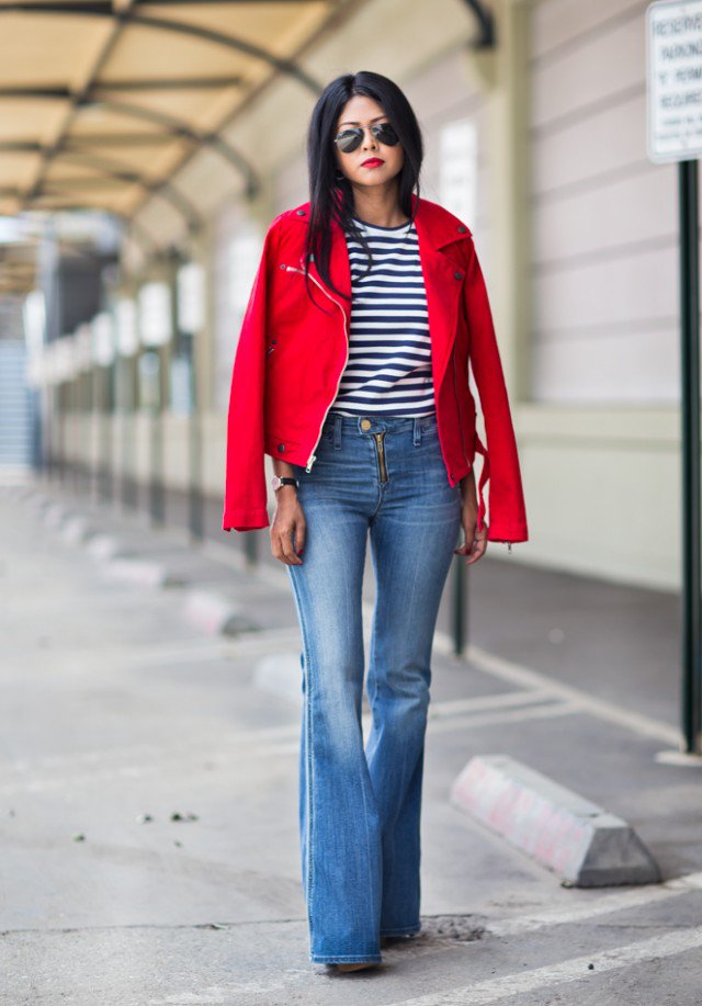 Red Jacket with Flared Jeans