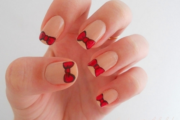 Red and Nude Bow Nails
