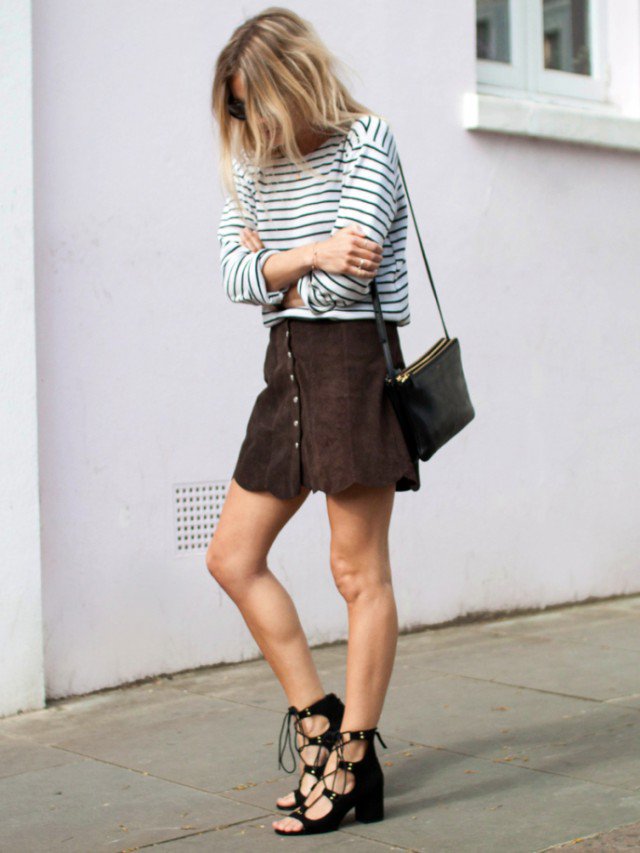 Striped Shirt with Suede Button Down Skirt