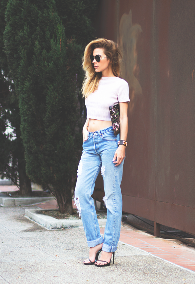 White Crop Top with Destroyed Jeans