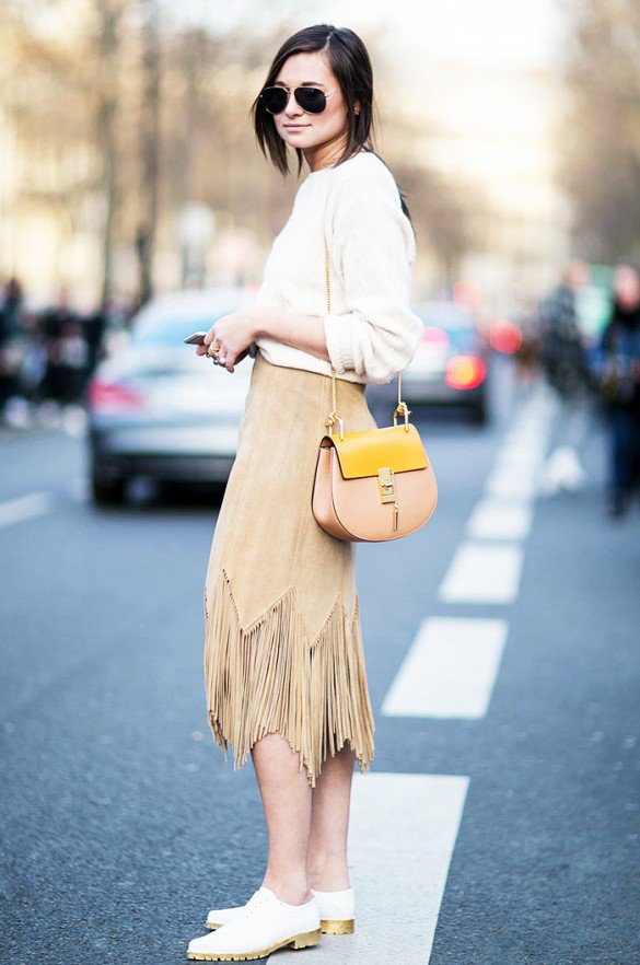 White Sweater with Suede Fringe Skirt