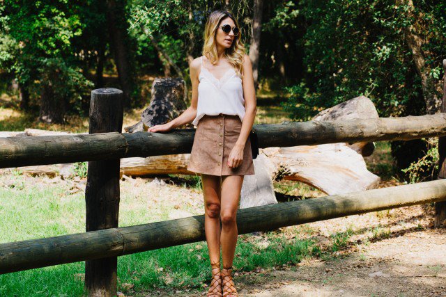 White Top with Suede Button Down Skirt