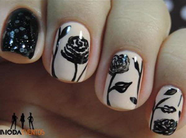 Black Floral Nail Design