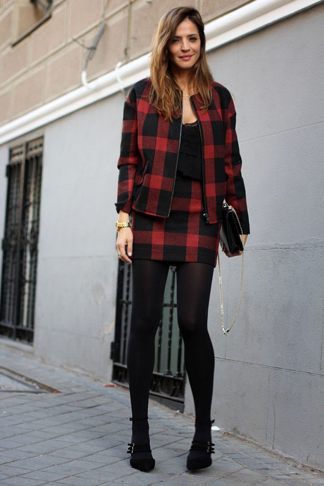 Black and Red Tartan Jacket and Skirt