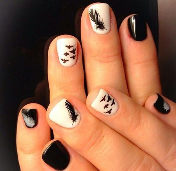 Black and White Feather Nail Design
