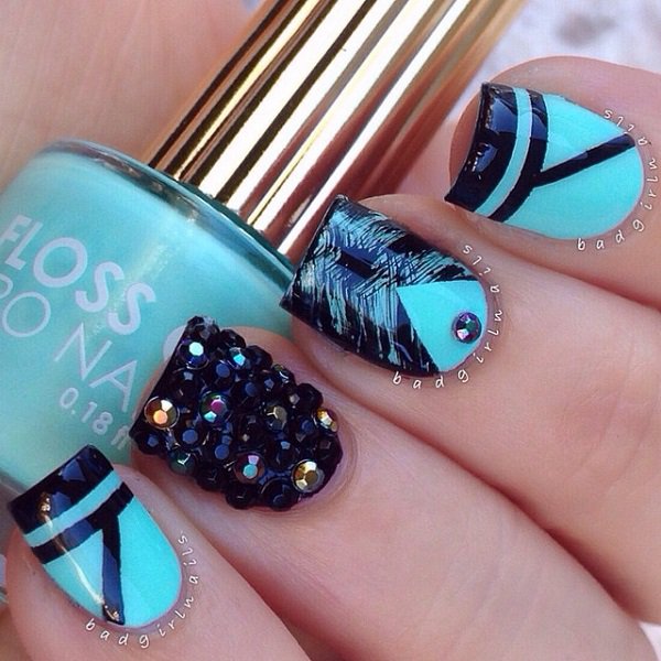 Blue Embellished Nail Design