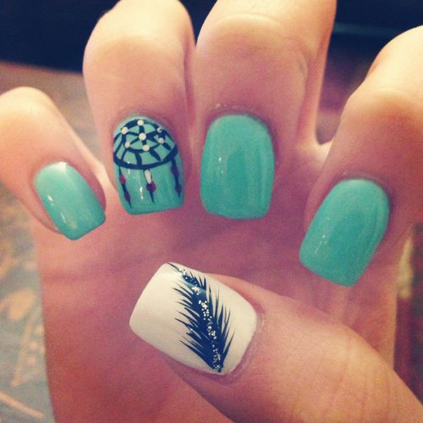 Blue Green Feather Nail Design