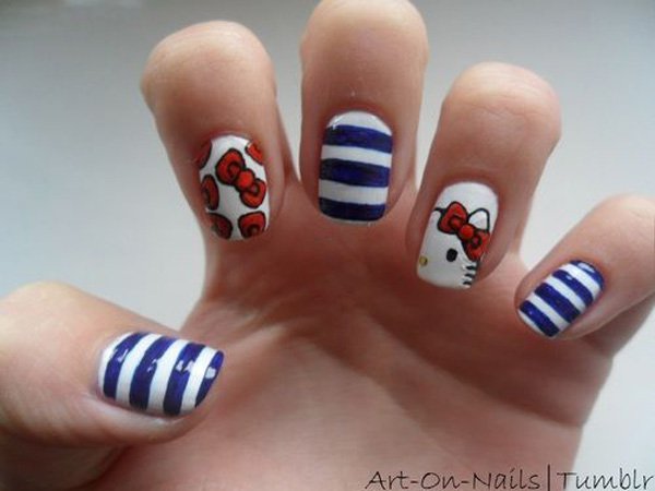 Blue Striped Hello Kitty Nail Design