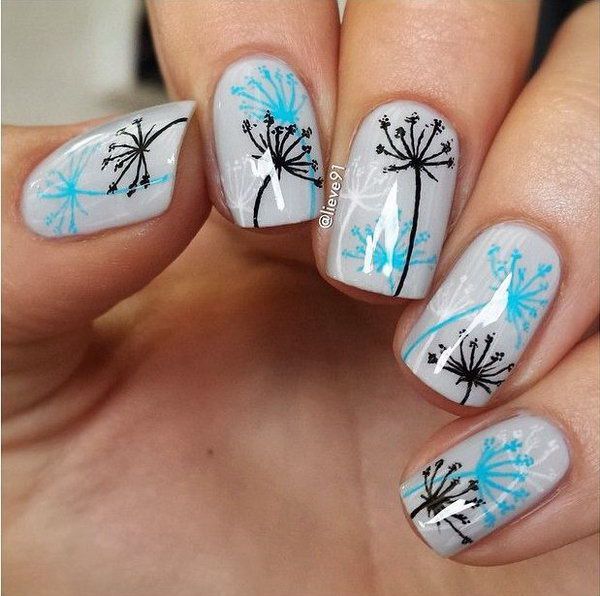 Blue and Grey Dandilion Nail Design