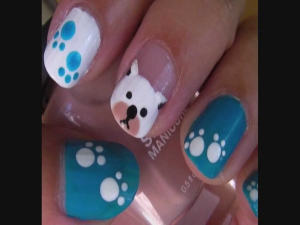 Blue and White Doggy Nail Design