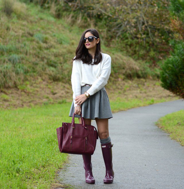 Burgundy Rainy Boots with Grey Skirt