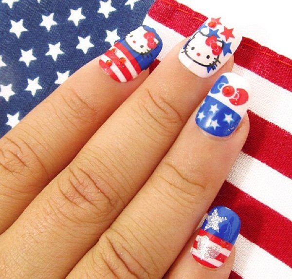 Flag Inspired Hello Kitty Nail Design