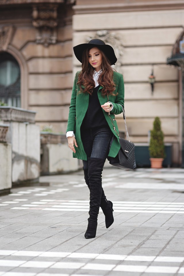 Green Coat and Black Pants