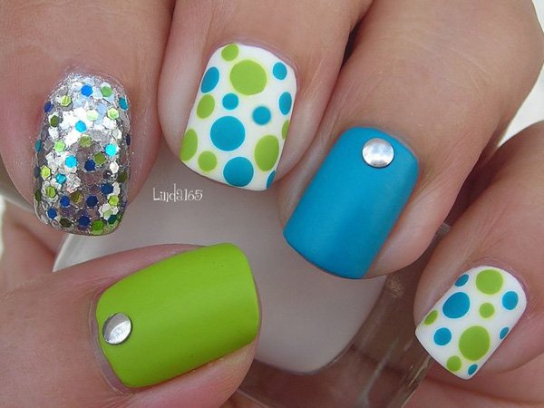 Green and Blue Polka Dot Nail Design