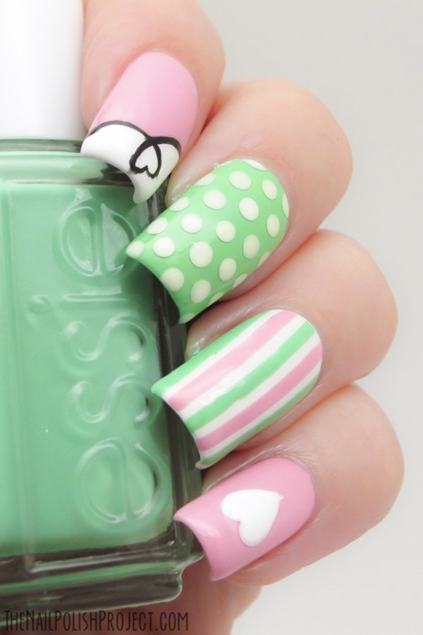 Green and Pink Polka Dot Nail Design