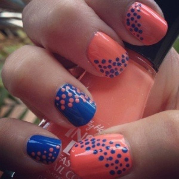 Orange and Blue Polka Dot Nail Design