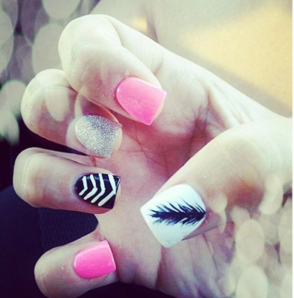 Pink Feather Nail Design