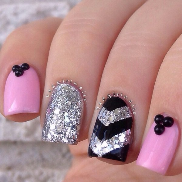 Pink and Black Glitter Nail Design