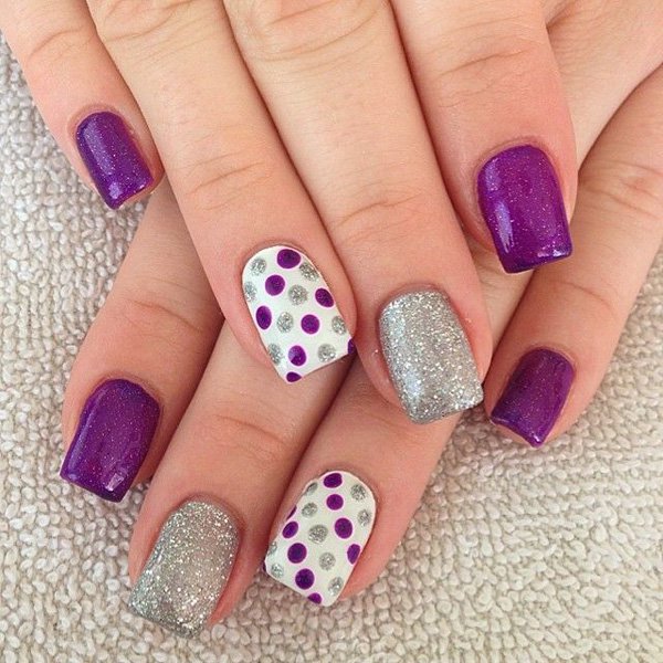 Purple Glitter Polka Dot Nail Design