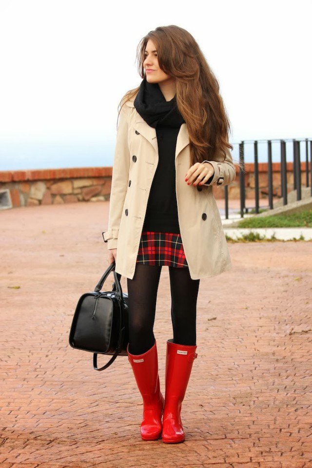 Red Rainy Boots with Trench Coat