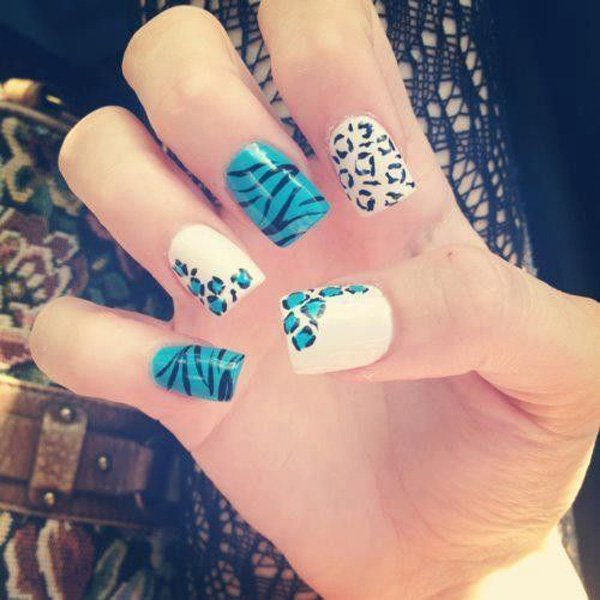 White and Blue Leopard Print Nail Design