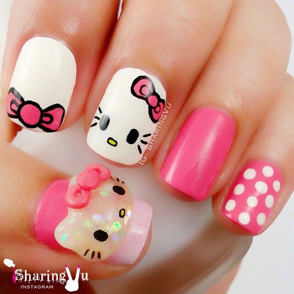 White and Pink Hello Kitty Nail Design