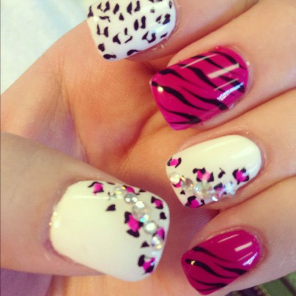 White and Pink Leopard Print Nail Design