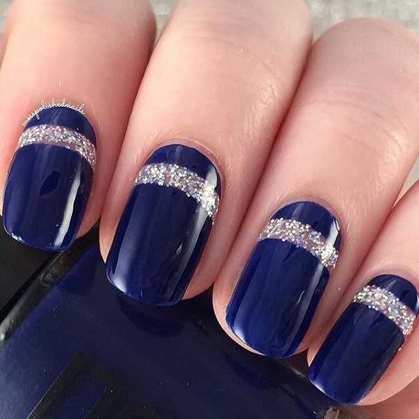 Blue Metallic Nail Design with Glitter