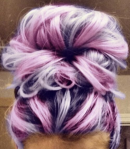 Messy Top Bun Hairstyle for Purple Hair
